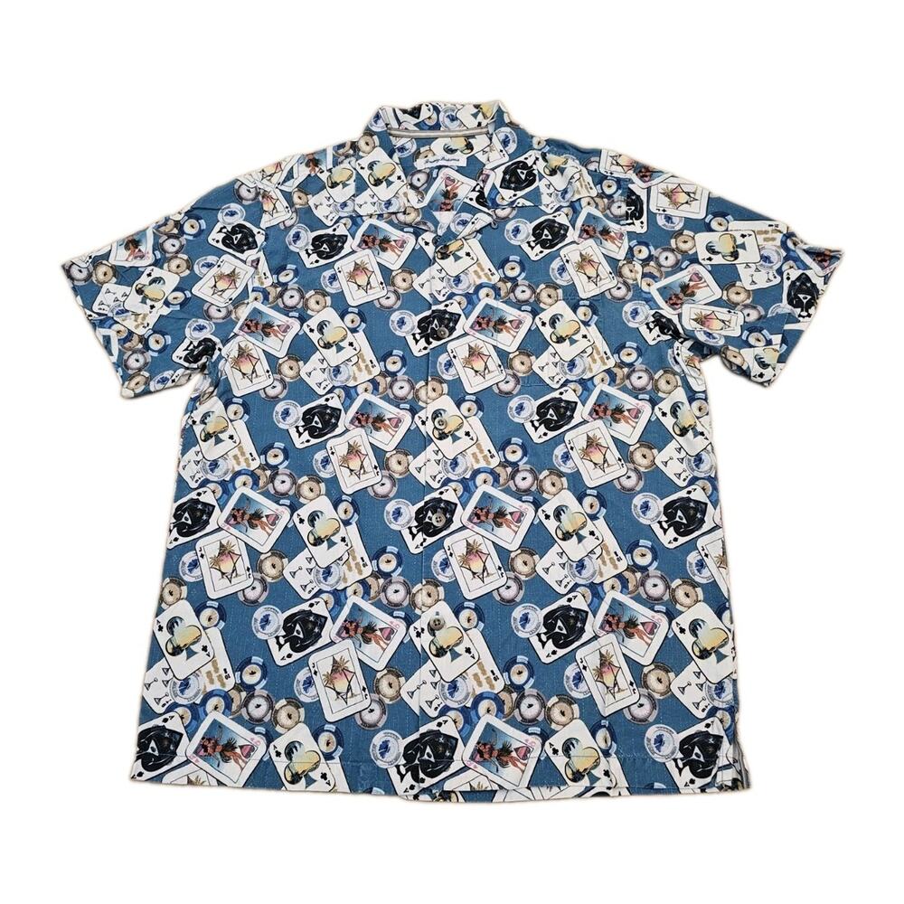 Tommy Bahama Mens Medium Silk Camp Shirt Blue Gambling Playing Cards Poker Chips